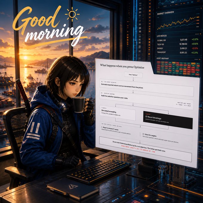 An anime-style illustration of a girl in a blue jacket drinking from a mug, with a 'Good morning' greeting, 'MARKET OVERVIEW' financial data, and a pop-up explaining 'What happens when you press Optimize'.