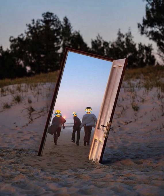 The image features a group of people standing outside an open door, with their reflections visible in the mirror. The scene takes place at a beach during sunset, creating a serene atmosphere. The photo has been shared on social media platforms, gaining attention from users who find it amusing and entertaining.