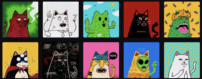 The image features a grid of ten square panels, each containing a different cat character or illustration. These cats are depicted with various expressions and poses, showcasing their unique personalities. The text "10 new Cats roaming in blockchain" is written below the image, suggesting that there might be a connection between these cats and the concept of cryptocurrency.