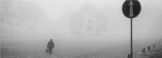 A lone figure walks through heavy fog toward a faded Bitcoin symbol, with an arrow sign pointing straight ahead — a stark visual metaphor for the post's description of crypto's barren "boring era" with no innovation, hype, or capital, where remaining holders are just going through the motions while exchanges redirect funds to stocks, oil, and gold.
