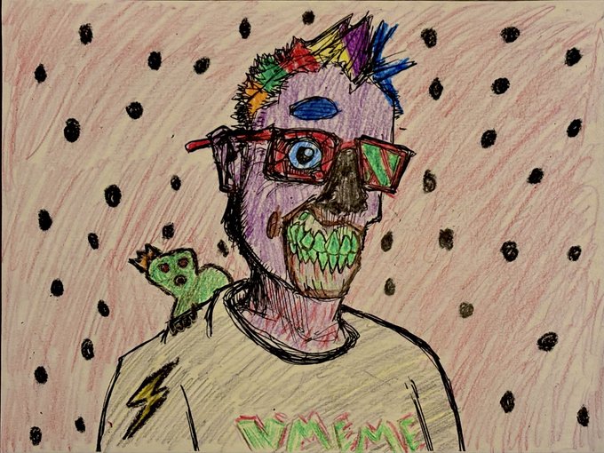 A colorful hand-drawn artwork of a zombie-like figure with rainbow hair, red 3D glasses, sharp green teeth, and a small green bird on their shoulder, with a shirt reading 'LVMEME'.