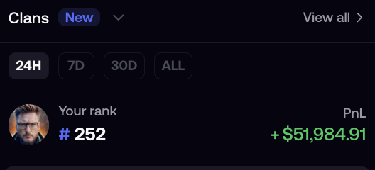 A screenshot showing a 'Clans' leaderboard with rank filters (24H, 7D, 30D, ALL), displaying a user rank of '#252' and a PnL of '+$51,984.91'.