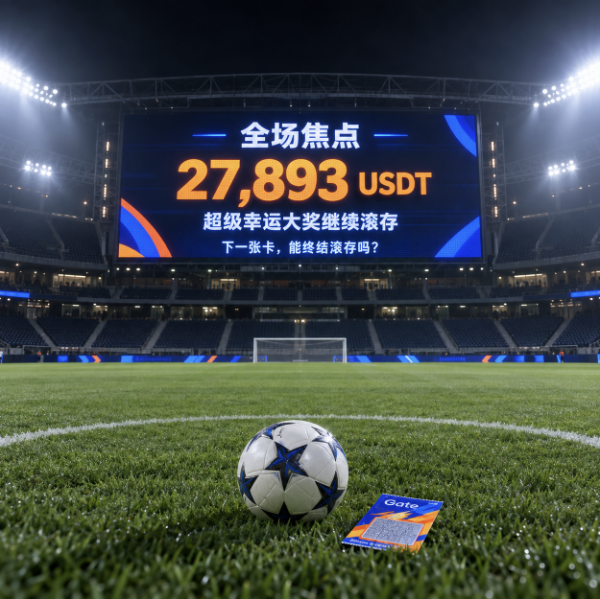 A soccer stadium interior showing a soccer ball on the field with a large screen displaying '全场焦点 27,893 USDT 超级幸运大奖继续滚存 下一张卡，能终结滚存吗？' and a 'Gate' ticket.