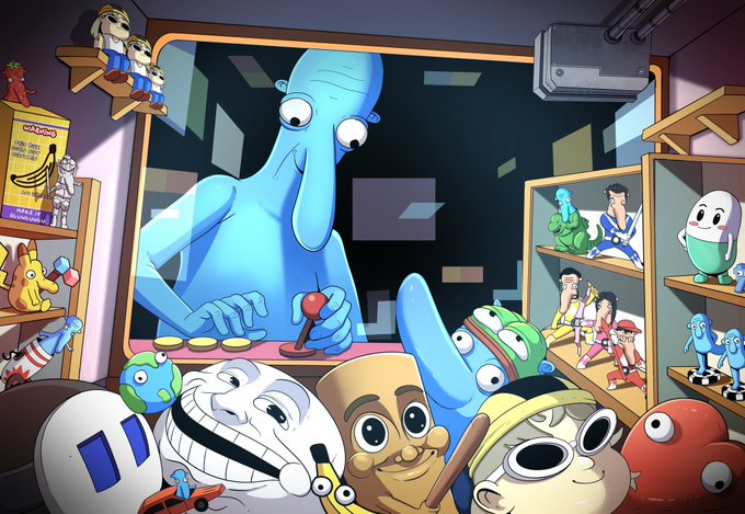 Cartoon illustration of a blue character playing an arcade machine, surrounded by shelves filled with various colorful toy figurines and gaming collectibles.