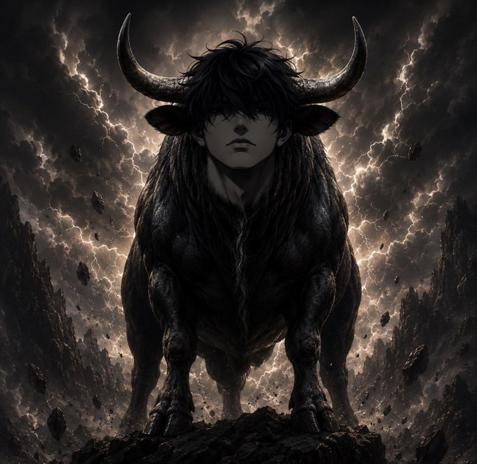 A dark fantasy illustration of a massive black bull-like creature with a human face and large horns, standing amid rocks with lightning in the background.