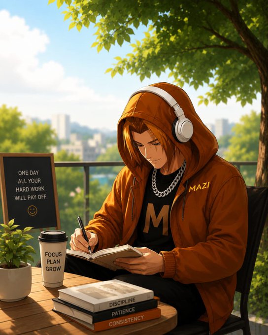 An anime-style illustration of a hooded figure wearing headphones writing in a notebook at a table, accompanied by a motivational sign reading 'ONE DAY ALL YOUR HARD WORK WILL PAY OFF.' and books titled 'DISCIPLINE', 'PATIENCE', and 'CONSISTENCY'.
