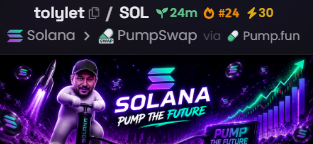 A crypto token promotional banner for 'tolylet' on the Solana blockchain, showing a 24m market cap, 24-hour change of +24%, and #30 trending rank, with references to PumpSwap and Pump.fun and a 'SOLANA PUMP THE FUTURE' tagline.