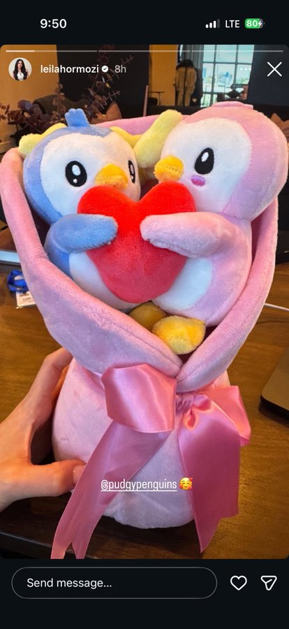 The image features a pink stuffed penguin holding a red heart, which is part of a larger bouquet of stuffed animals. The post includes a message from someone named "Pudgy Penguin" that reads "Absolutely everywhere Pudgy Penguins mode". This message seems to be related to the image and the overall theme of the post.