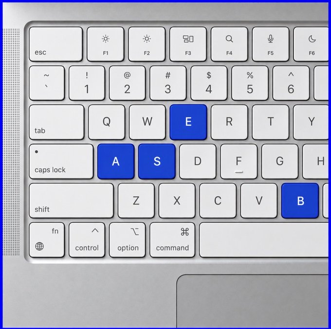 A MacBook keyboard with the keys E, A, S, and B highlighted in blue, matching the four blue squares in the emoji post.