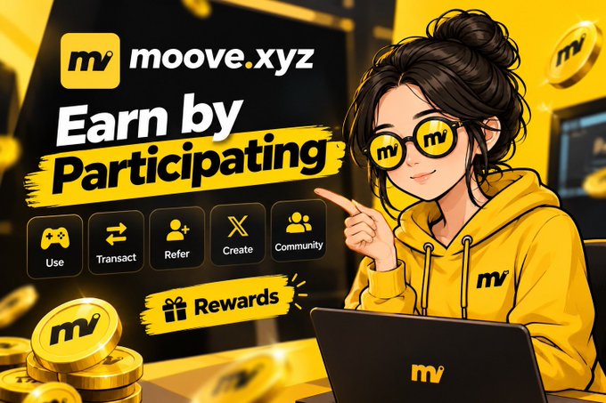 A promotional banner for 'moove.xyz' showing a woman in a yellow hoodie and branded sunglasses pointing to features like 'Use, Transact, Refer, Create, Community' with a 'Rewards' callout.