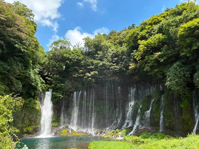 A lush green forest frames a wide, cascading waterfall that flows into a serene turquoise pool under a bright blue sky.