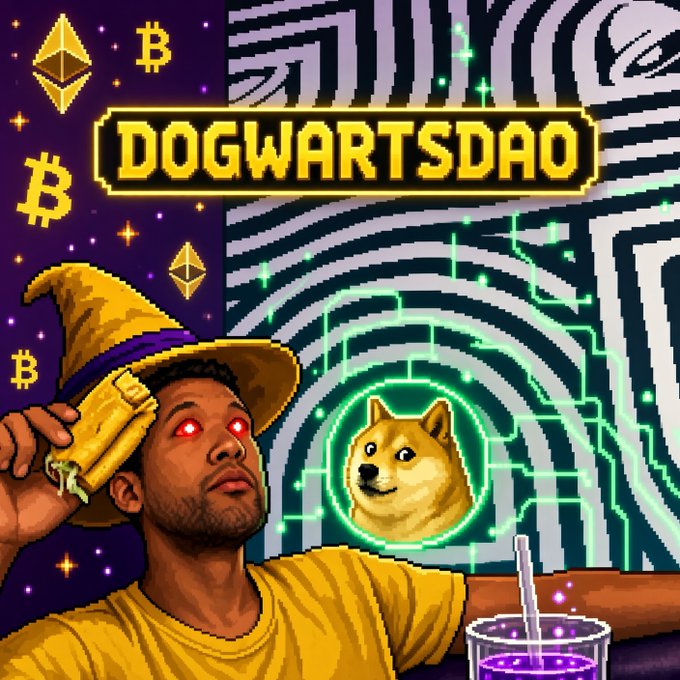 A pixel art illustration for 'DOGWARTSDAO' showing a man in a wizard hat and yellow shirt holding a slice of pizza, with a Shiba Inu dog depicted inside a green circuit-patterned circle, surrounded by crypto logos.