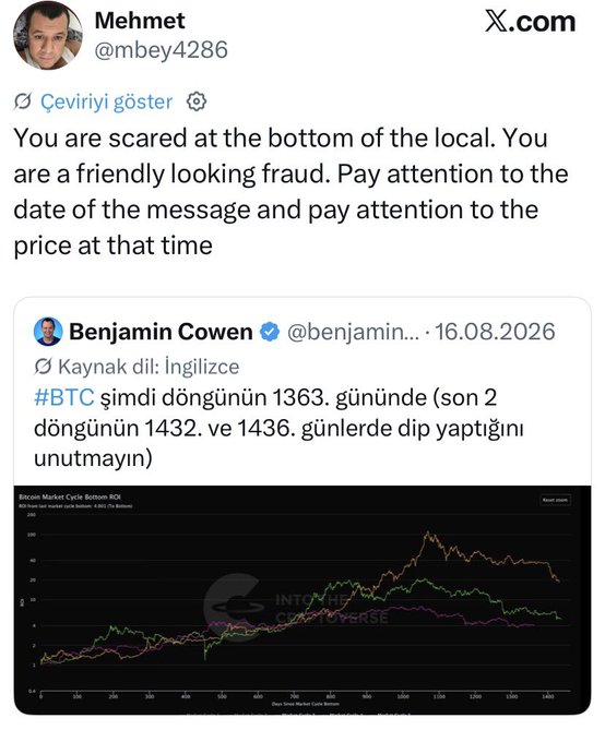 A X.com post by 'Mehmet' (@mbey4286) warning 'You are scared at the bottom of the local,' quoting a Turkish-language tweet by 'Benjamin Cowen' about Bitcoin's market cycle bottom.