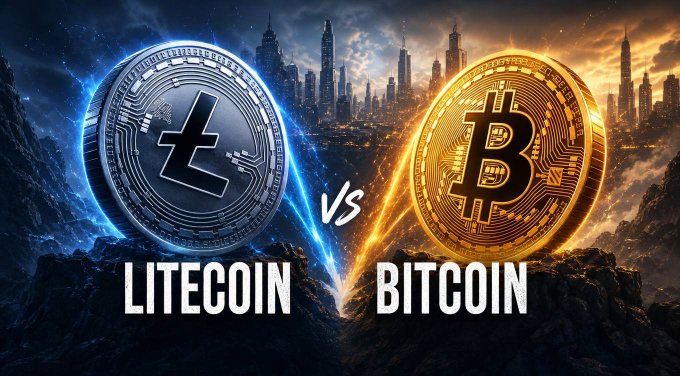 A dramatic clash between a glowing silver Litecoin (LTC) coin on the left and a golden Bitcoin (BTC) coin on the right, separated by a "VS" graphic against a futuristic cityscape backdrop, with bold text reading "LITECOIN VS BITCOIN" beneath them. The image visually represents the post's comparison of Litecoin's transactional utility—highlighted by its 84M hard cap, 2.5-minute blocks, and Scrypt PoW—against Bitcoin's foundational role as digital scarcity.