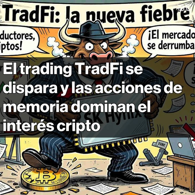 A cartoon image featuring a bullish figure in a pinstripe suit holding a chip, with Spanish text reading 'TradFi: la nueva fiebre' and 'El trading TradFi se dispara y las acciones de memoria dominan el interés cripto' overlaid on the image.