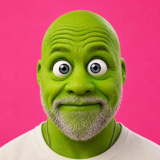 A 3D-rendered character with green skin, a gray beard, and wide blue eyes smiles against a bright pink background.