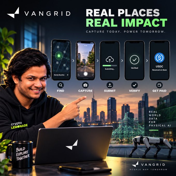 Promotional graphic for VANGRID with the tagline 'REAL PLACES REAL IMPACT,' showing a smiling person pointing at phone screens displaying a 'Find, Capture, Submit, Verify, Get Paid' workflow.