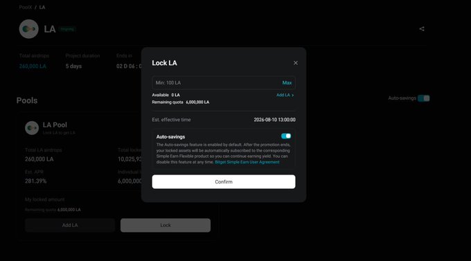 Screenshot of a crypto token locking interface titled 'Lock LA' showing options to lock LA tokens with fields for Min/Max amounts, 'Remaining quota 4,000,000 LA', an estimated effective time of 2026-09-10, and an Auto-savings feature toggle.