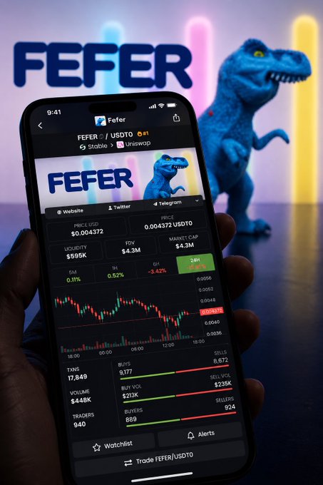 A mockup of a smartphone displaying the "FEFER/USDTO" trading pair on a crypto app, showing a price chart, a blue dinosaur mascot, and neon lights in the background.