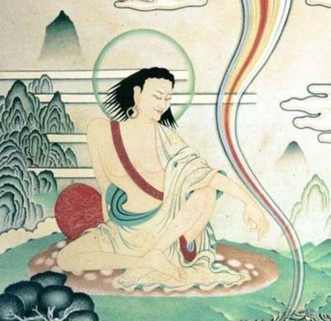 A traditional Asian painting depicting a robed figure with a green halo seated in a landscape with mountains, trees, and flowing rainbow-colored ribbons.