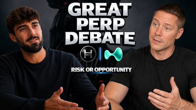 The image features two men sitting next to each other, with one man wearing a black shirt and the other wearing a black t-shirt. They are both looking at the camera, suggesting that they might be participating in an interview or discussion about great podcasts like "Great Perp Debate". The background of the image is dark gray, which contrasts with the white text on the post.