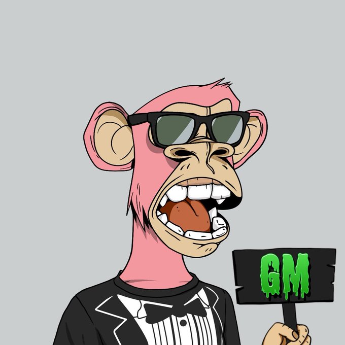 A cartoon illustration of a pink monkey wearing sunglasses, a tuxedo, and holding a sign that reads 'GM' in green letters.
