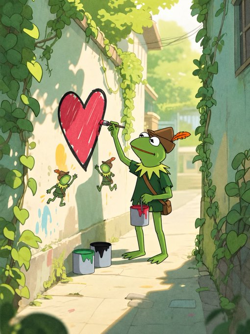 An illustration of a frog in a Robin Hood hat painting a red heart on a wall in an ivy-covered alleyway, with smaller frog characters and paint cans nearby.