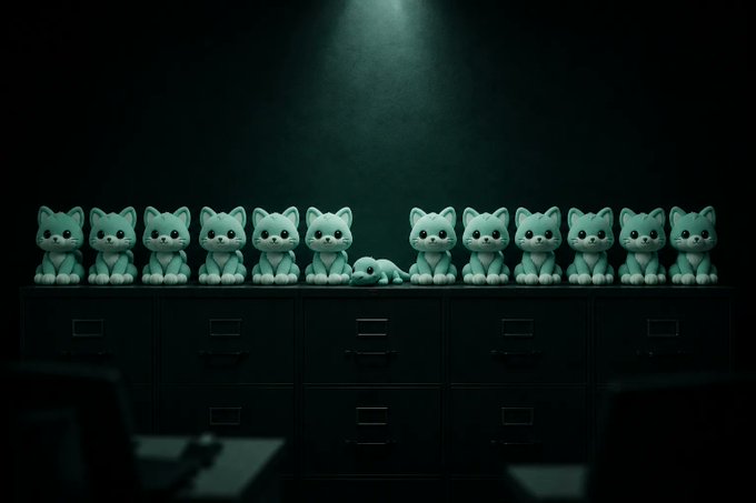 A row of 13 identical plush cat toys sits atop filing cabinets under a single spotlight, with one cat lying on its side—an image visually echoing the post's playful claim about a cleaning lady mistaking a serious 11-person, $900M-profit crypto company ("plushonhype.com," token CA 0x9dC4600891E452cc8305b888C85F3E51cb19966B) for a stuffed animal shop.
