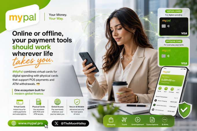 The image is a promotional advertisement for Mypal, featuring a woman in a beige blazer using her smartphone alongside coffee, with the tagline "Your Money, Your Way." It showcases both a black virtual card and a green physical card (both Visa-branded), along with a mobile app interface displaying a balance of 5,680.00 USDT, highlighting features like Shopping, Travel, Entertainment, and Subscriptions. The ad visually reinforces the post's message by demonstrating Mypal's seamless integration of digital and physical payment solutions for modern global finance.