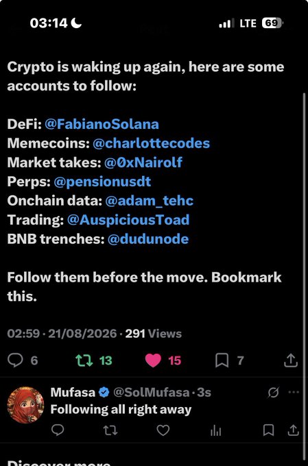 A tweet by @SolMufasa reads "Crypto is waking up again" and lists Twitter accounts to follow by niche—DeFi (@FabianoSolana), Memecoins (@charlottecodes), Market takes (@0xNairolf), Perps (@pensionusdt), Onchain data (@adam_tehc), Trading (@AuspiciousToad), and BNB trenches (@dudunode)—prompting the reply "Following all right away," consistent with the accompanying post's promotional "Thank you" message.