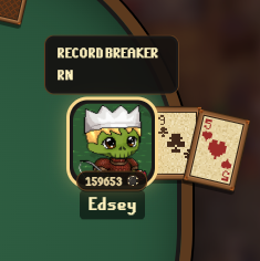 The image shows a gaming avatar of a green goblin-like character wearing a crown, with the username "Edsey" and 159,653 chips displayed, along with "RECORD BREAKER" and "RN" text. Two playing cards (a 3 of clubs and a 5 of hearts) are shown next to the avatar, and the "RECORD BREAKER RN" text relates to the post's mention of "9-5" and players aiming to hit 1 million chips in the poker mini-game.