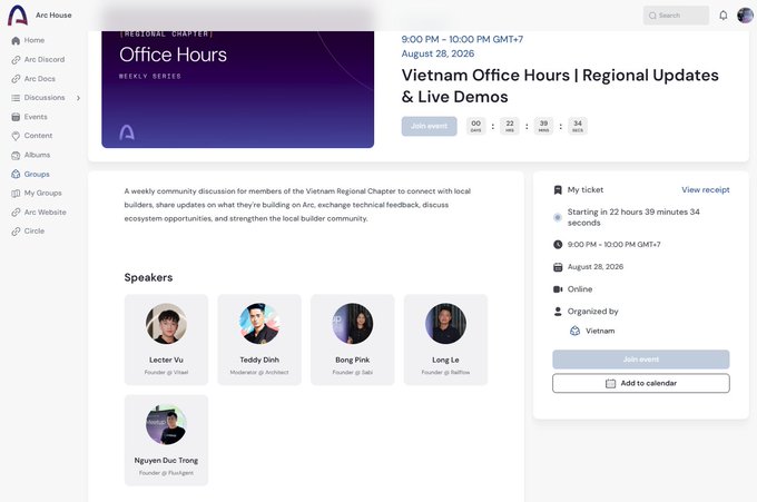 An event page for 'Vietnam Office Hours | Regional Updates & Live Demos' on August 28, 2026, featuring speakers including Lecter Vu, Teddy Dinh, Bong Pink, Long Le, and Nguyen Duc Trong.