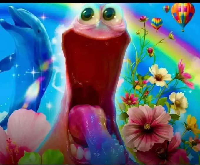A surreal, colorful digital artwork featuring a distorted figure with an enormous open mouth and bulging eyes, surrounded by dolphins, hot air balloons, flowers, and rainbows against a sparkly sky.