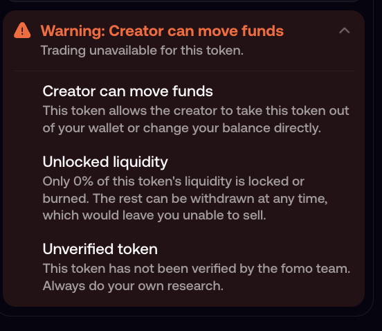 A dark-themed warning panel displays "Warning: Creator can move funds" with the note "Trading unavailable for this token," highlighting three risk factors: the creator's ability to move funds, 0% locked/unlocked liquidity, and an unverified token status. The image supports the post by illustrating the safety restrictions Fomo imposes—such as flagging rug-pull risks—that prevent early trading of newly launched coins, pushing users to alternative platforms like GMGN.