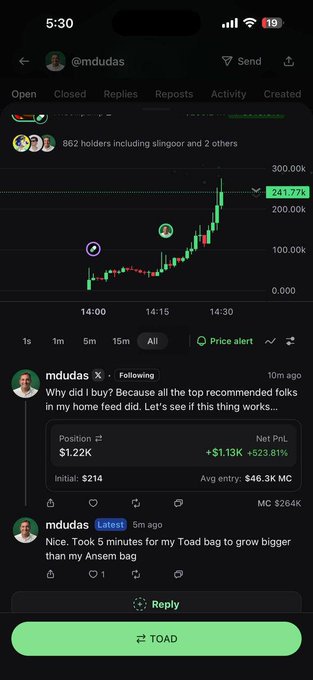 The image shows a mobile screen of a social media post by @mdudas discussing the $TOAD cryptocurrency token, which has surged 523.81% to $1.22K with a profit of $1.13K from an initial $214 investment, shown alongside a candlestick price chart. The accompanying context identifies $TOAD as a meme token inspired by "El Sapo Pepe," the original Argentine Pepe character from 1988, linking the post's bullish discussion to the token's nostalgic origin.