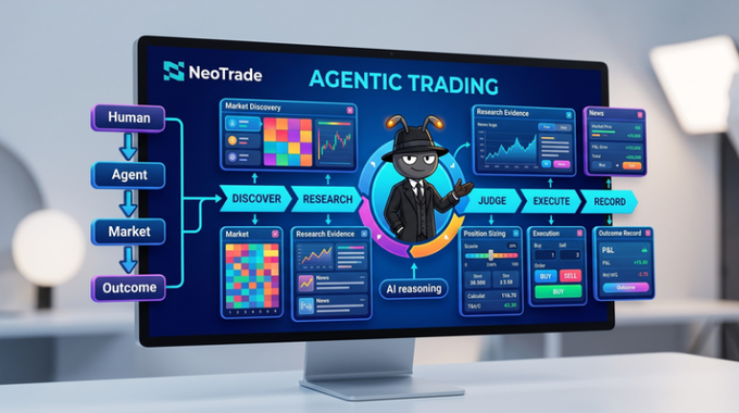 A promotional graphic displayed on a monitor showing the 'NeoTrade' platform's 'AGENTIC TRADING' workflow, featuring a cartoon character with a headset and a process flow of Human, Agent, Market, and Outcome with steps including Discover, Research, Judge, Execute, and Record.