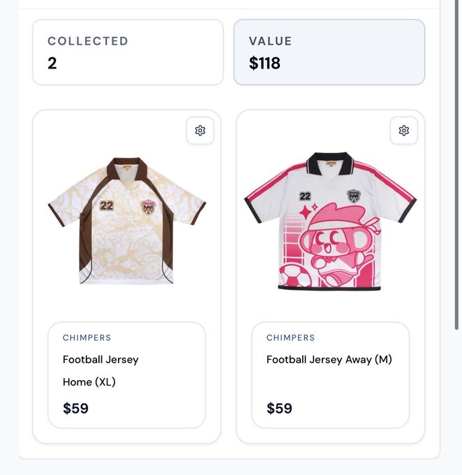 A digital collection page showing 'COLLECTED 2' items with a total 'VALUE $118', featuring two 'CHIMPERS' Football Jerseys priced at $59 each (Home XL and Away M).