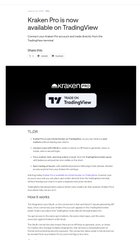 A blog post or announcement titled 'Kraken Pro is now available on TradingView' featuring a video player with the text 'Connect your TradingView account', followed by lists of 'ELITE' and 'PRO' benefits.