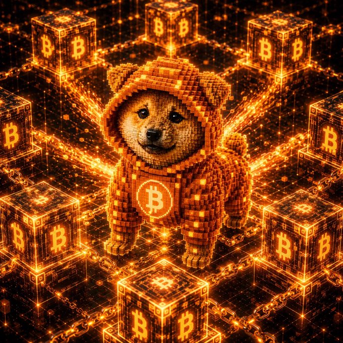 A pixelated, orange Bitcoin-themed Shiba Inu dog stands surrounded by glowing Bitcoin cubes connected by chains in a digital orange environment.