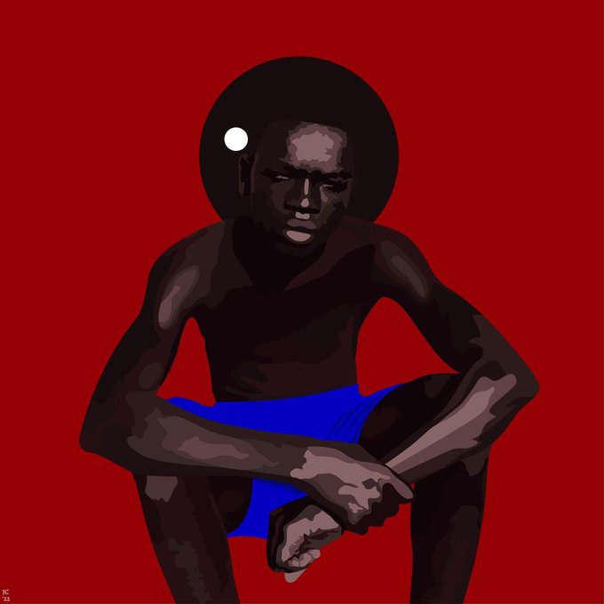 A stylized illustration of a dark-skinned man with an afro, wearing blue shorts, crouching in a contemplative pose against a solid red background.