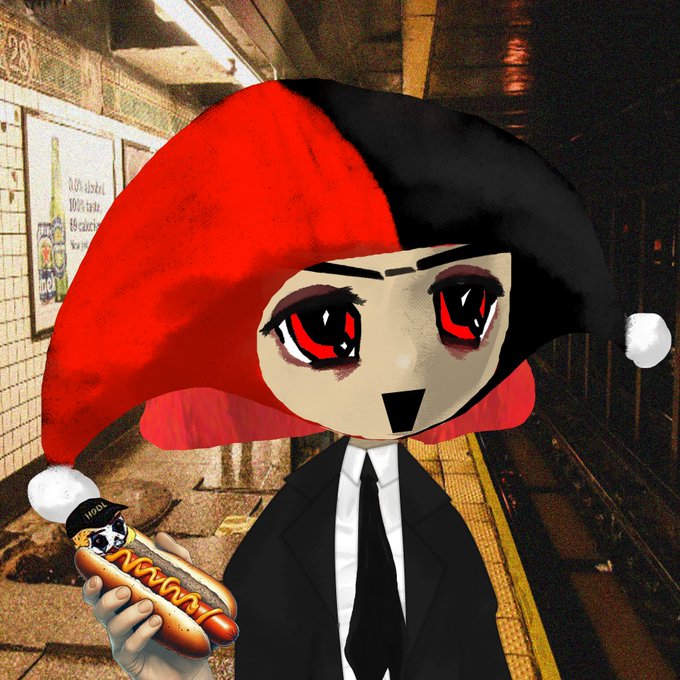 A stylized illustration of a chibi-like character with large eyes wearing a red and black jester hat and a suit, holding a hot dog with a small character labeled 'IPOL' on it, set against a subway platform background.
