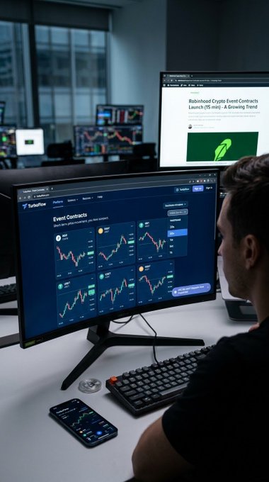 A man works at a curved monitor displaying 'TurboNew' event contracts with various crypto charts, while another monitor shows an article titled 'Robinhood Crypto Event Contracts Launch (15 min) - A Growing Trend'.