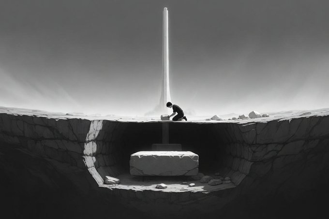 A black and white surreal illustration of a small figure kneeling on a ledge above a deep pit, where a glowing beam of light shines down onto a stone-like block.