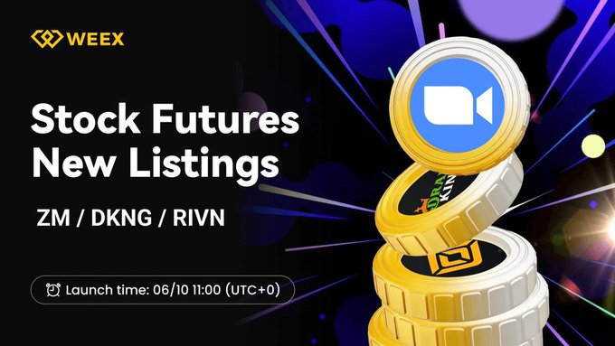 The image features a poster for a stock futures listing, with a stack of gold coins as part of the presentation. The poster includes text that reads "New Listings" and "ZM / DKNG / RIVN", indicating the types of stocks being listed. The poster also displays the date and time when the event is taking place, which is on June 10th at 11:00 AM (noon).
