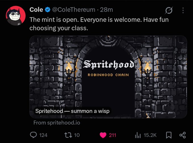A tweet from Cole (@ColeThereum) announcing 'The mint is open. Everyone is welcome. Have fun choosing your class,' featuring a pixel-art image for 'Spritehood' on the Robinhood Chain.