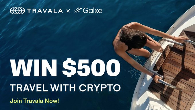 An advertisement banner reading "TRAVALA x Galxe," "WIN $500 TRAVEL WITH CRYPTO," and "Join Travala Now!" overlaid on an image of a person climbing onto a yacht ladder from the ocean.