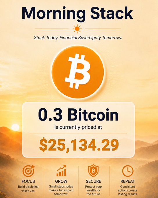 The image, titled "Morning Stack," features a "Stack Today. Financial Sovereignty Tomorrow." banner above an orange Bitcoin logo, prominently displaying that 0.3 Bitcoin is currently priced at $25,134.29 against a sunrise background, with icons at the bottom emphasizing Focus, Grow, Secure, and Repeat. It visually reinforces the post's message by showing that even a fractional amount of BTC like 0.3 represents real value, making the goal of stacking sats feel tangible and attainable rather than overwhelming.