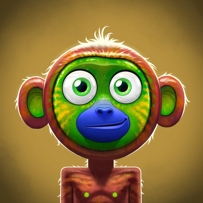 Digital illustration of a green-faced monkey character with a blue nose and mouth, wearing a brown furry hood.