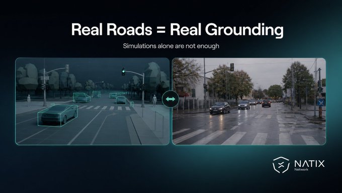 A promotional graphic for NATIX Network displays the headline 'Real Roads = Real Grounding' with a side-by-side comparison of a simulated 3D street scene and a real-world photo of a city intersection.