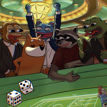 An animated illustration of anthropomorphic animals including a raccoon, dog, and frogs celebrating at a craps table with dice showing.